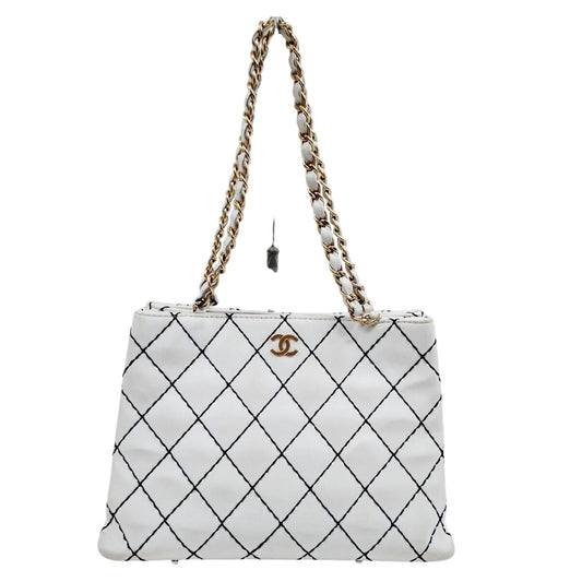 1861 Chanel White & Navy Blue Diamond Stitch Shoulder Tote EUC