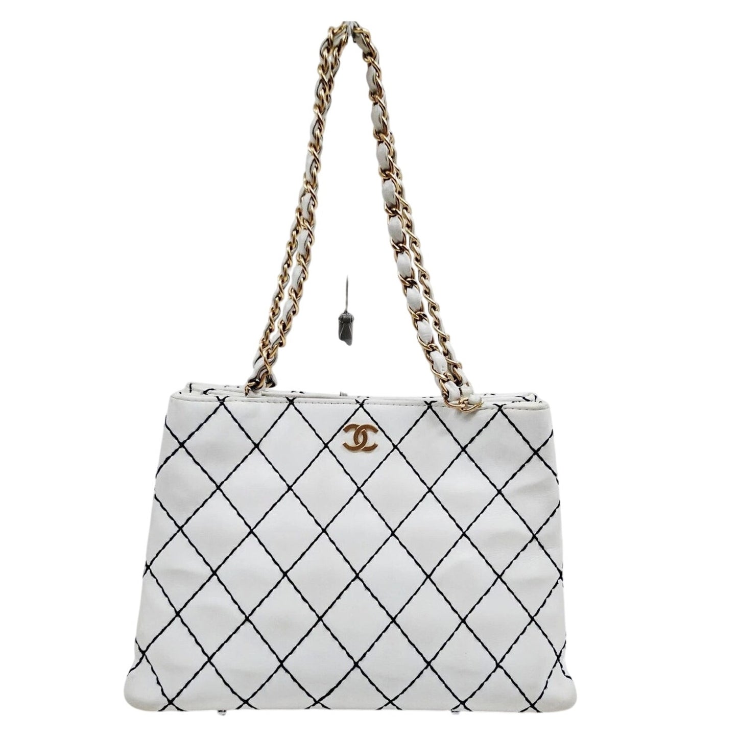 Chanel 1861 White & Navy Blue Diamond Stitch Shoulder Tote EUC