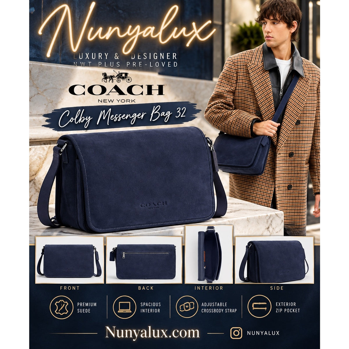 Coach Colby Messenger Bag 32 Navy Suede NWT