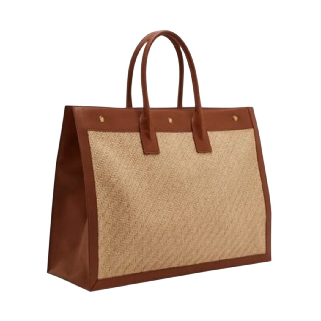 SAINT LAURENT ‘Rive Gauche’ Embroidered Raffia & Leather Tote Bag Natural NWT