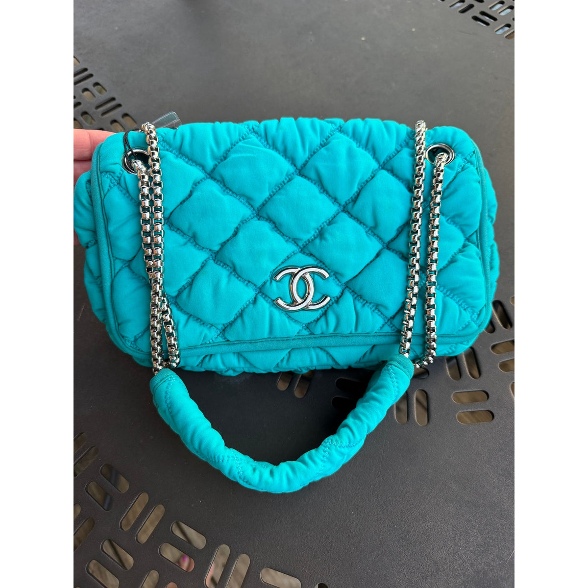 CHANEL BLUE TURQUOISE FABRIC SHOULDER FLAP BAG
