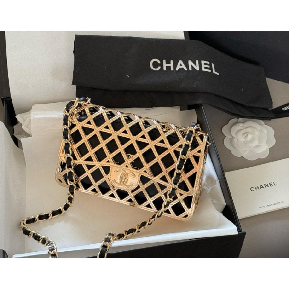 Chanel Beauty Gold Cage Crossbody with Insert 7 x 4 x 2