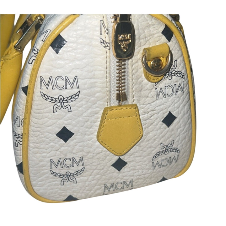 MCM Visetos Boston Satchel White & Yellow