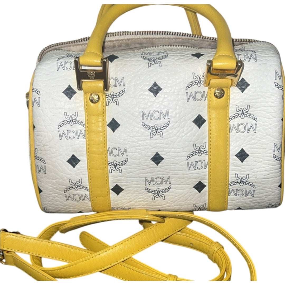 MCM Visetos Boston Satchel White & Yellow
