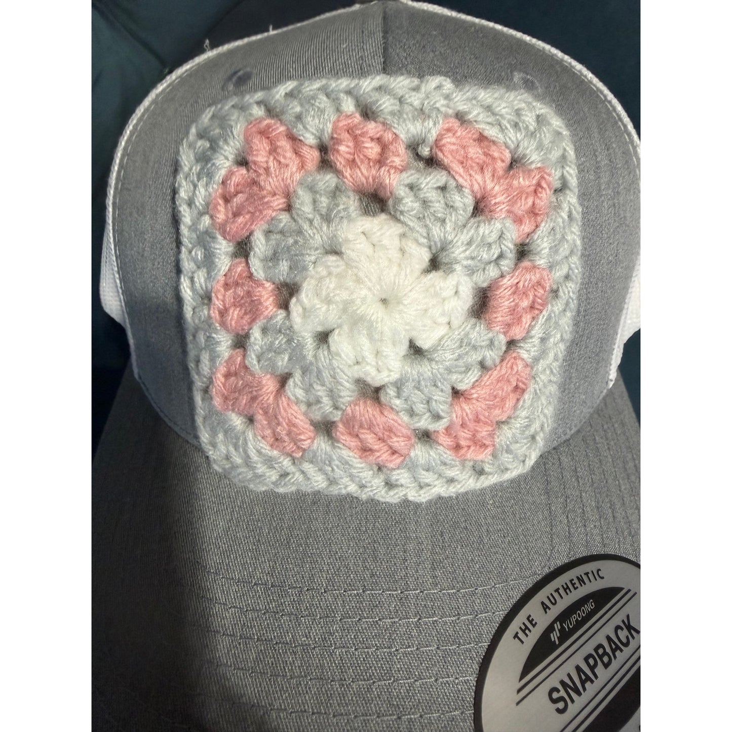 Granny Square Trucker Hat - Hand Crocheted Light Gray NEW