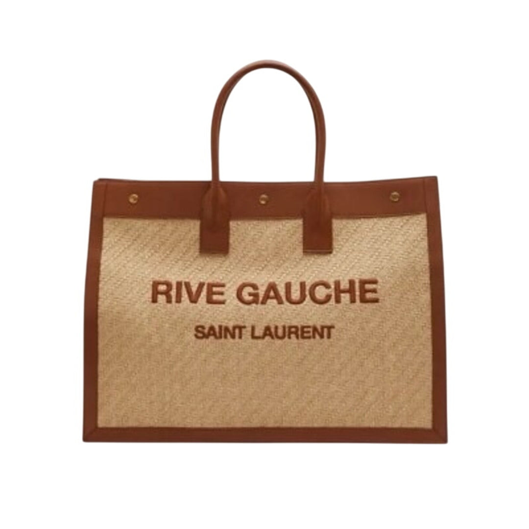 SAINT LAURENT ‘Rive Gauche’ Embroidered Raffia & Leather Tote Bag Natural NWT