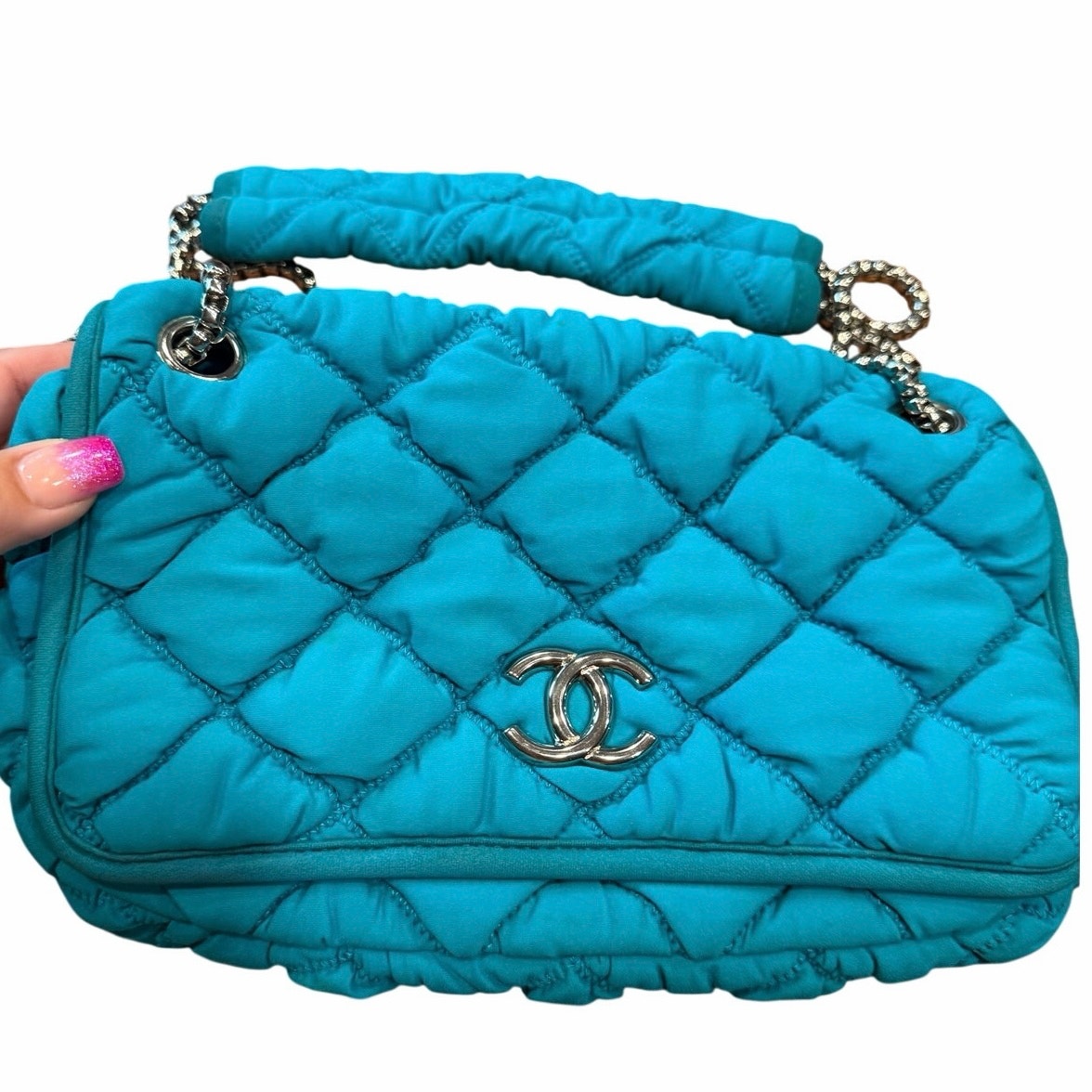 CHANEL BLUE TURQUOISE FABRIC SHOULDER FLAP BAG