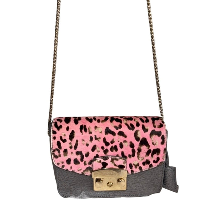 Furla Metropolis Leather & Pink Leopard CalfHair Crossbody W Lock & Key