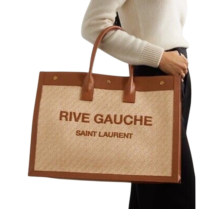 SAINT LAURENT ‘Rive Gauche’ Embroidered Raffia & Leather Tote Bag Natural NWT