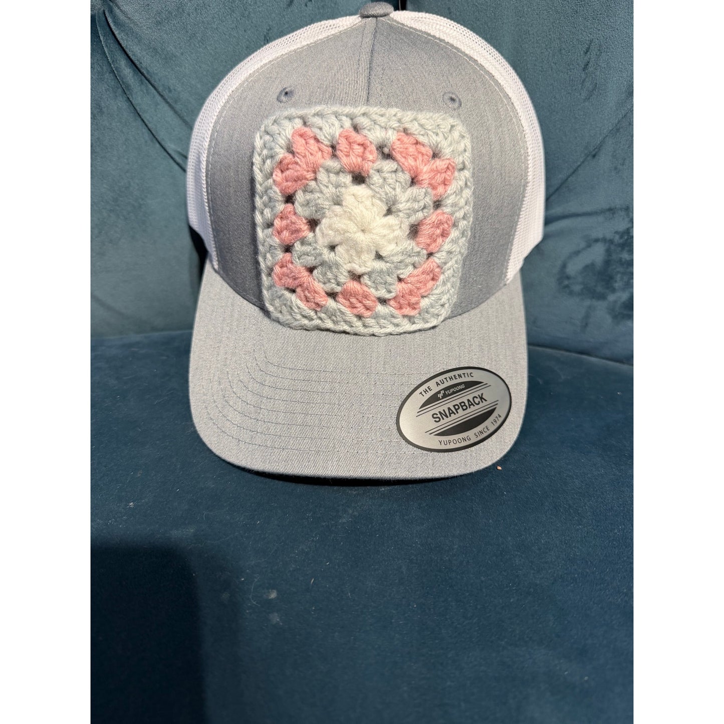 Granny Square Trucker Hat - Hand Crocheted Light Gray NEW