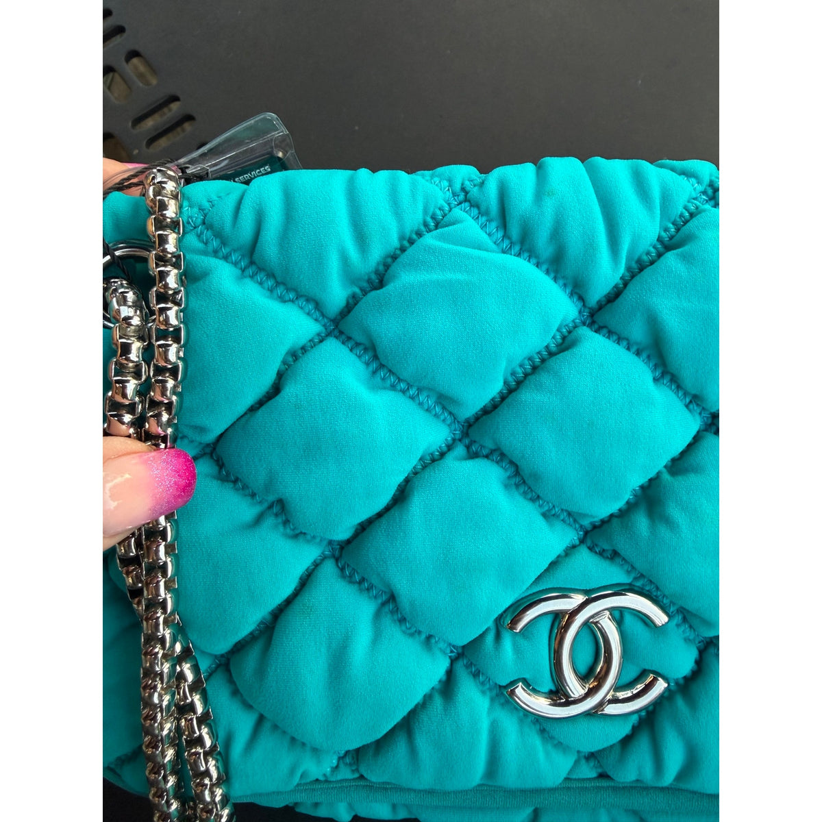 CHANEL BLUE TURQUOISE FABRIC SHOULDER FLAP BAG