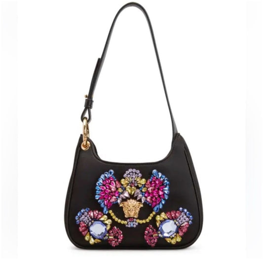 Versace Satin Crystal Embellished La Medusa Mini Hobo Bag in Black and Multicolor NWT