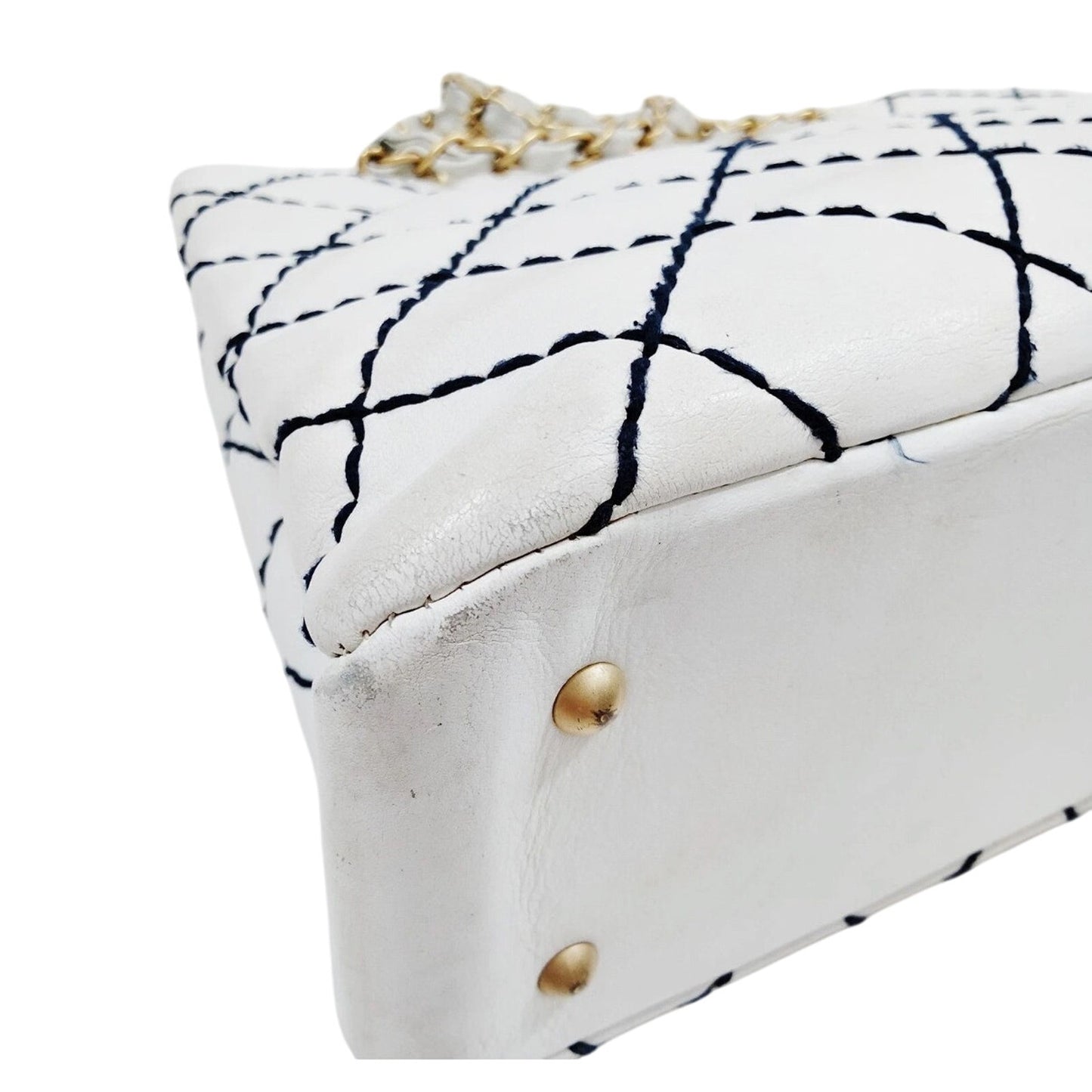 Chanel 1861 White & Navy Blue Diamond Stitch Shoulder Tote EUC