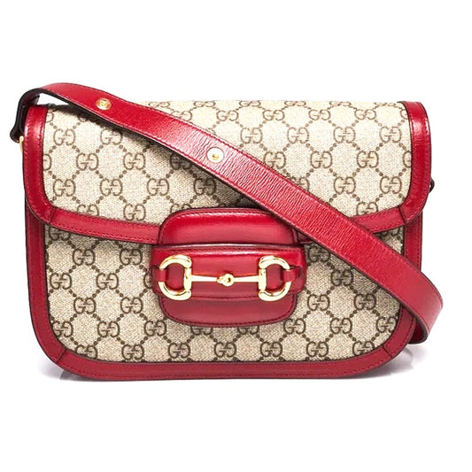 Gucci Beige/Red GG Coated Canvas Horsebit 1955 Shoulder Bag Pristine