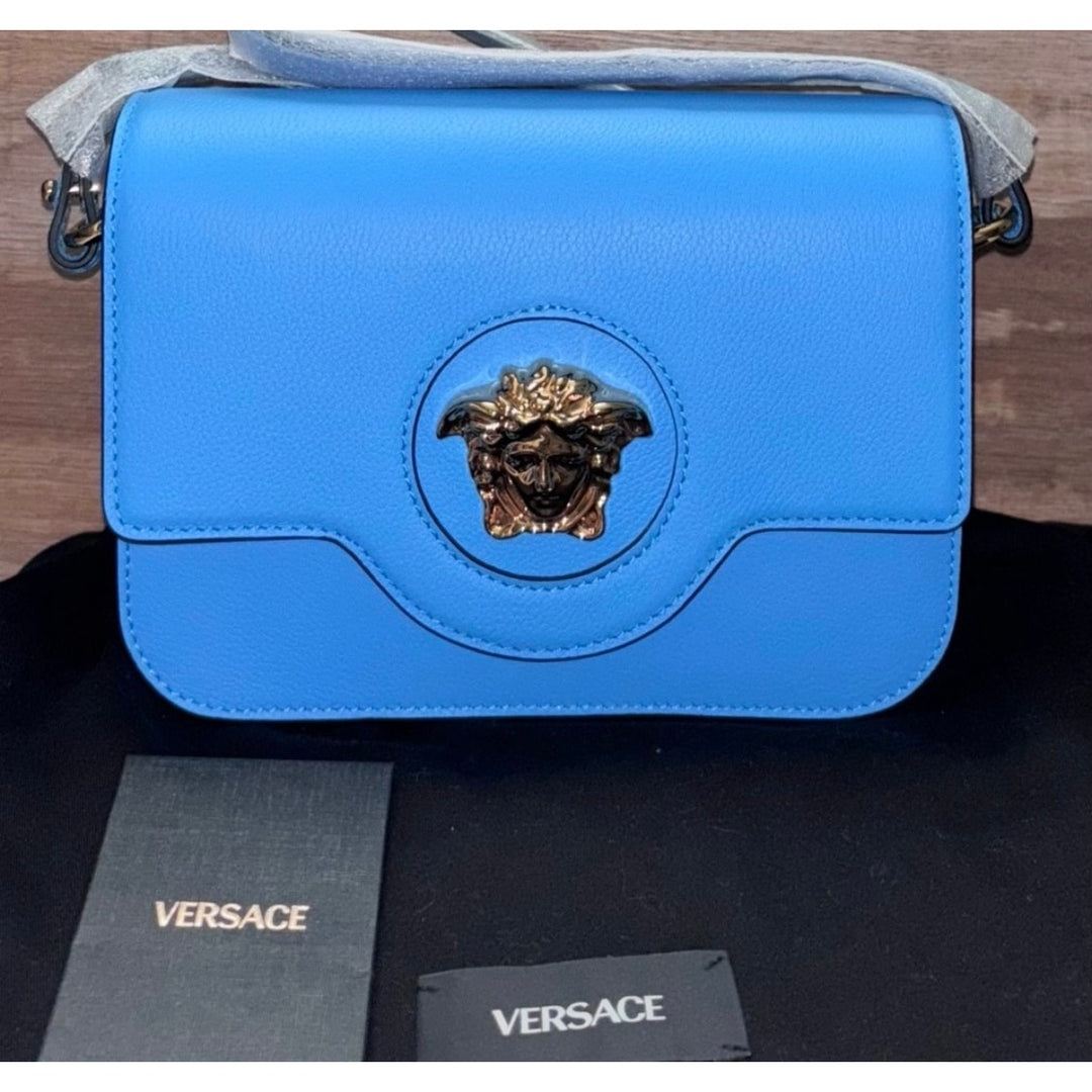 NWT Versace La Medusa Blue Leather Shoulder Crossbody Bag Purse MSRP $1100