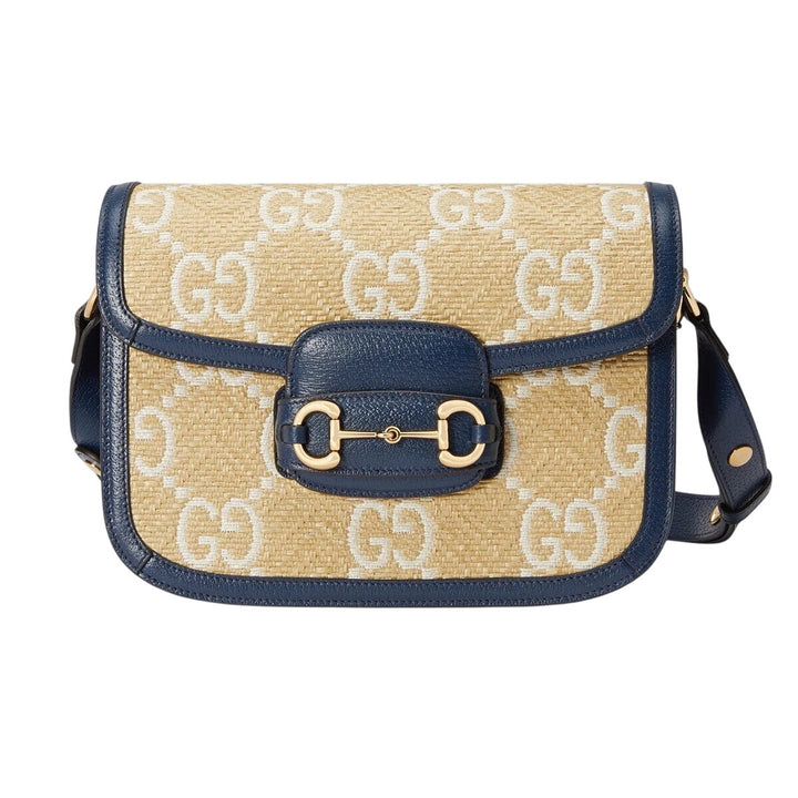 Gucci Raffia Textured Calfskin GG Monogram Horsebit 1955 Mystic Blue Agata NWT