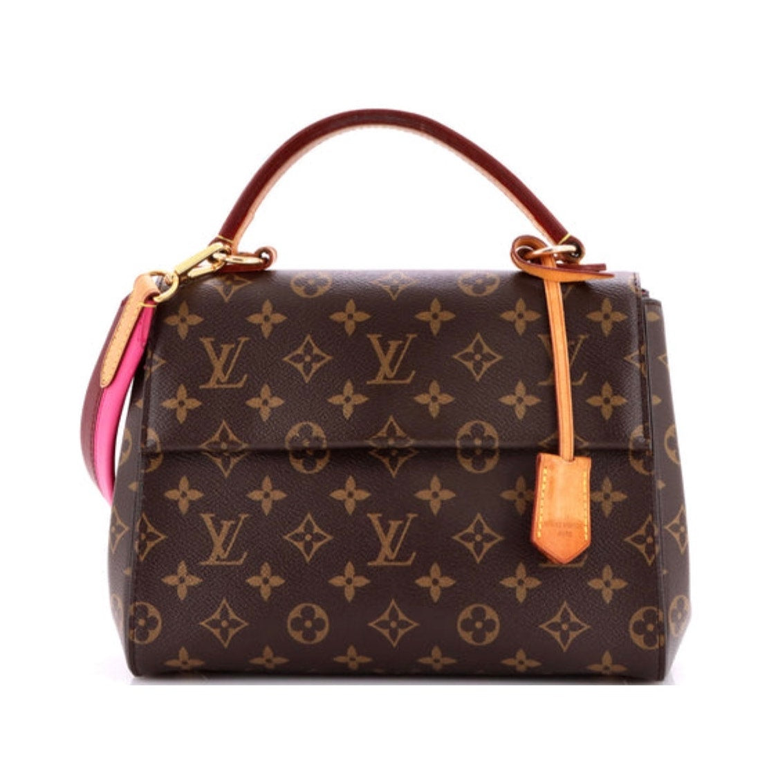 Louis Vuitton Monogram Cluny BB bag featuring a striking bright pink and bordeaux leather shoulder strap PRISTINE