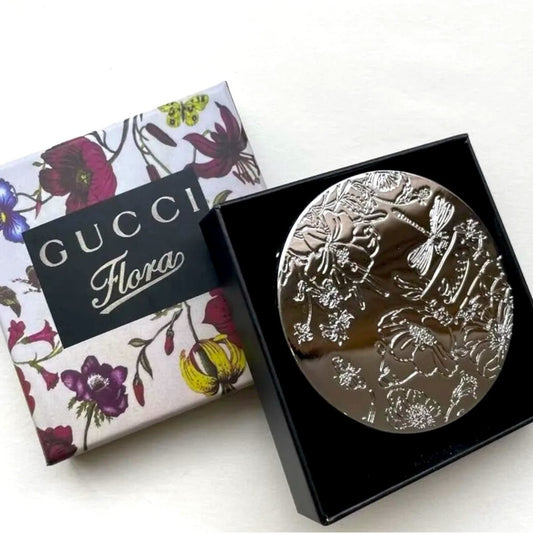 Gucci Mirror Compact Miroir with Box Silver Flowers Embossed Gucci Flora NEW