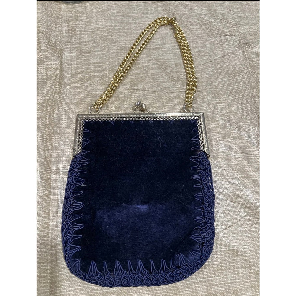 Vintage Carpet Italian Blue Velour Braided Edge Chain Purse W/ Kisslock Clasp