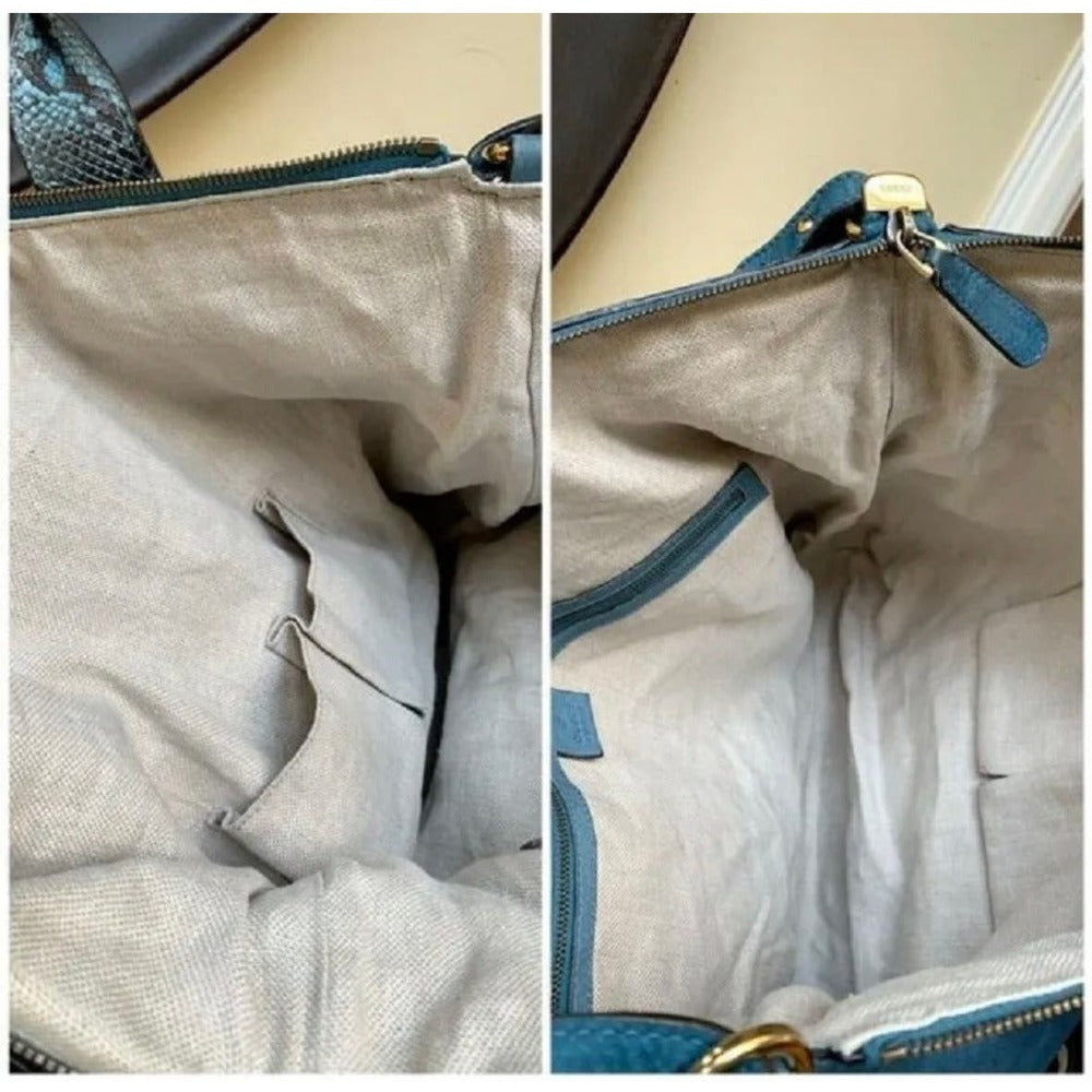 GUCCI Blue Nubuck Python Trim Large Two-Way Tote Bag PRISTINE