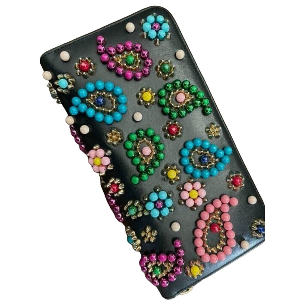 Limited Christian Louboutin Zip Around Wallet Black Colorfull Studs Paisley