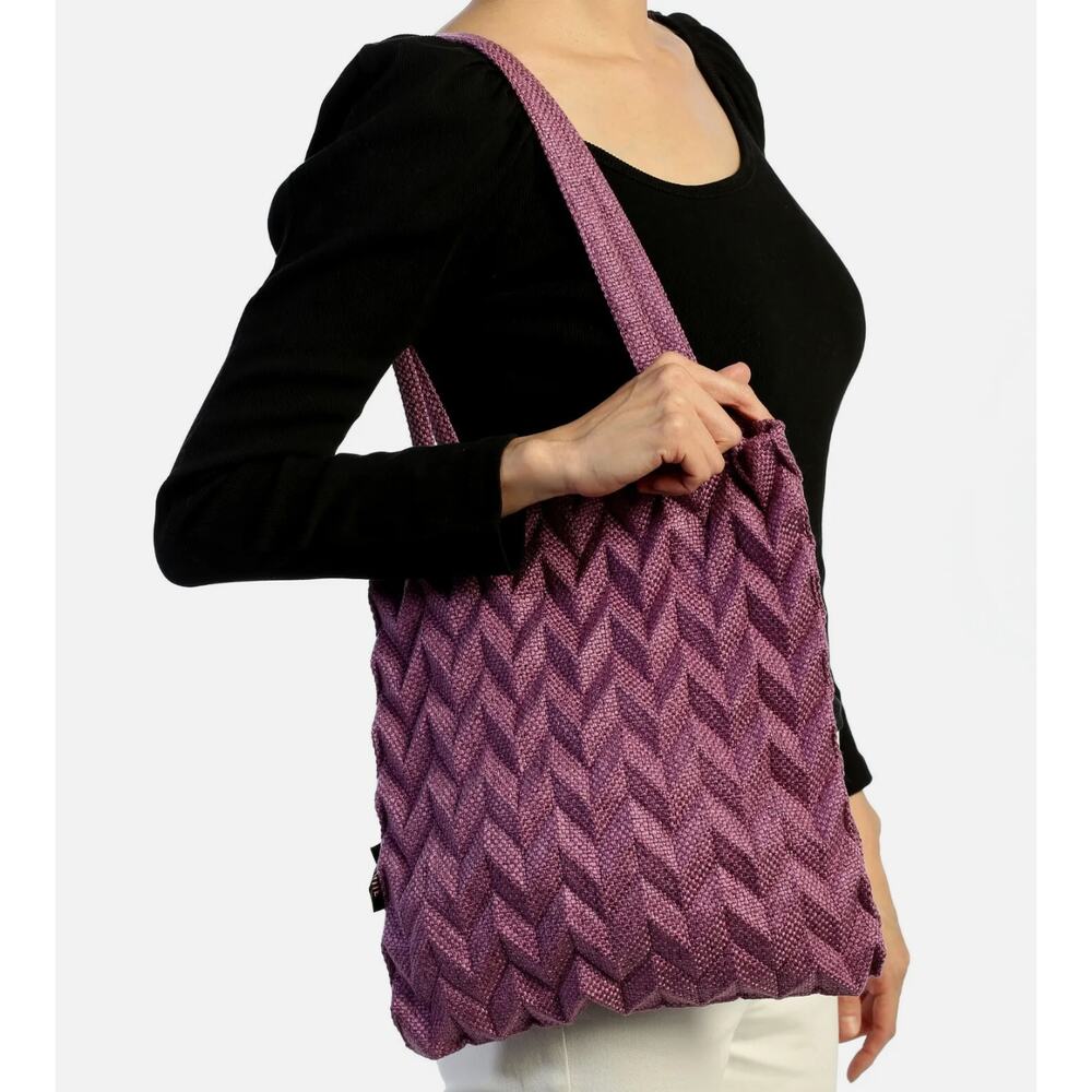 Minimalist Reto Classic Pineapple Pleated Detail Tote Hand Bag Purple NWT