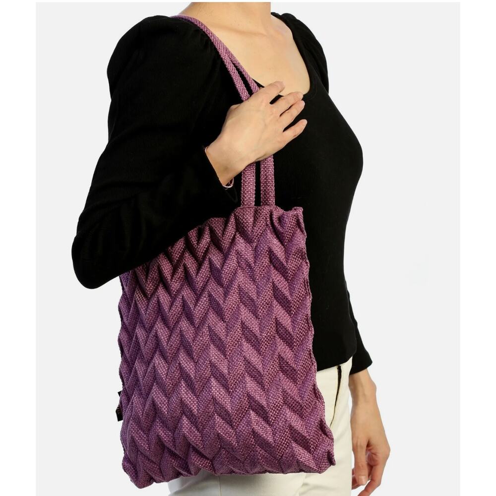 Minimalist Reto Classic Pineapple Pleated Detail Tote Hand Bag Purple NWT