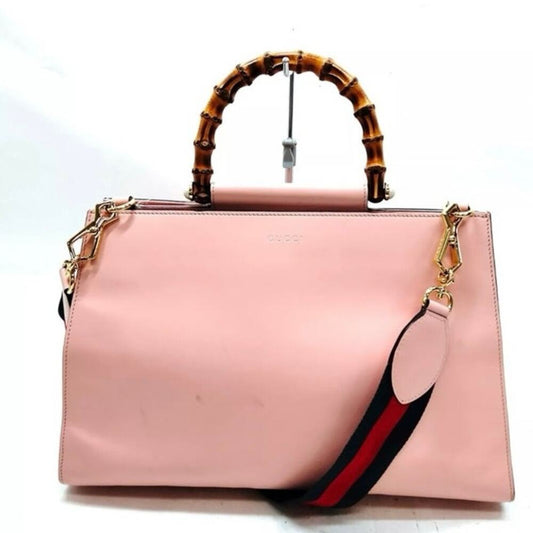 GUCCI Nappa Bamboo Web Large Nymphaea Top Handle Bag Perfect Pink Mystic White