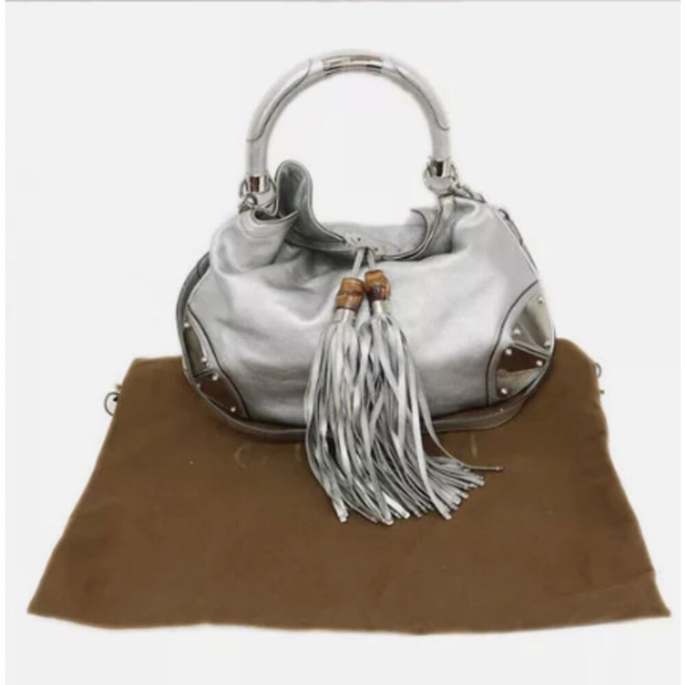 Rare! Gucci Bamboo Indy Tassel 2Way Hobo Crossbody Bag Silver Leather