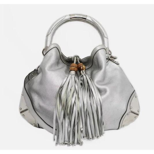 Rare! Gucci Bamboo Indy Tassel 2Way Hobo Crossbody Bag Silver Leather