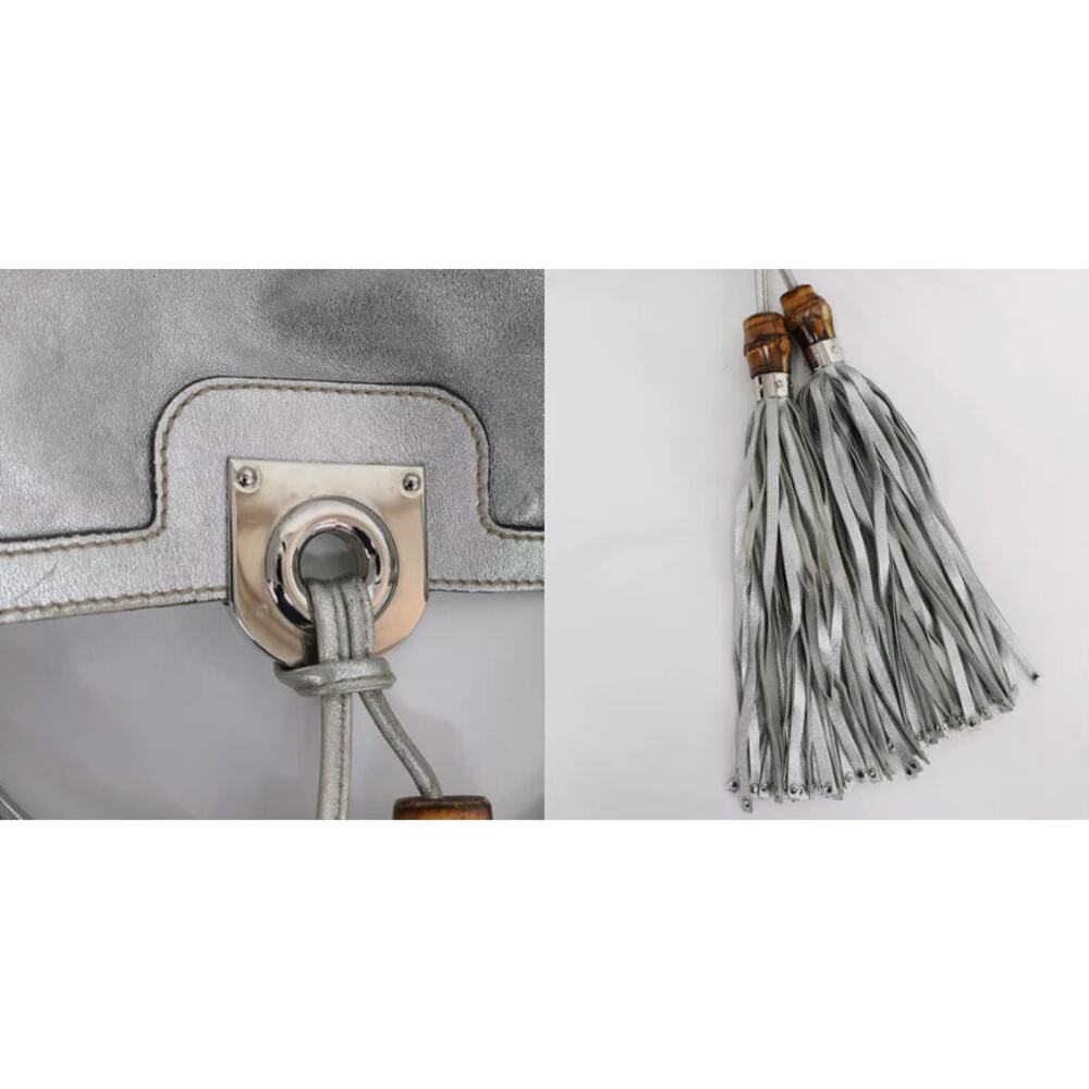 Rare! Gucci Bamboo Indy Tassel 2Way Hobo Crossbody Bag Silver Leather