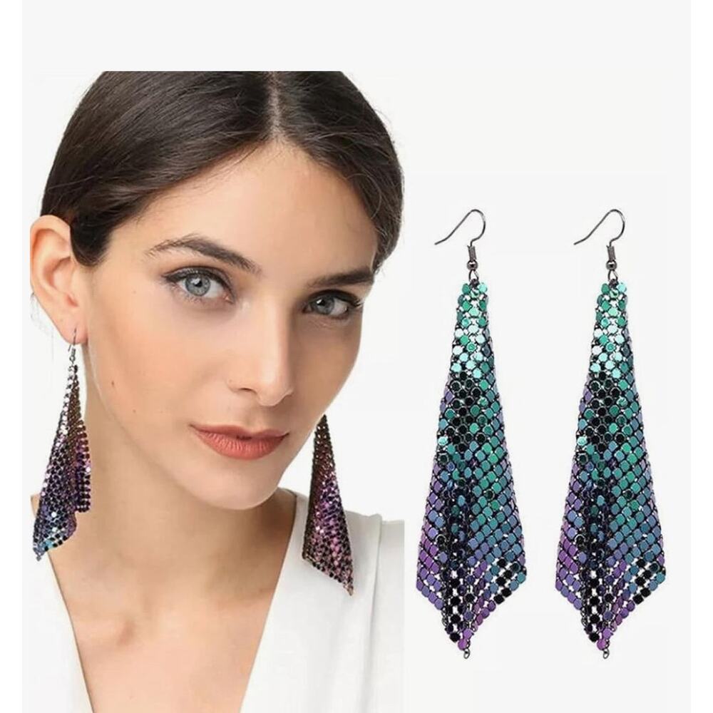 Metal Mesh Grid Earrings Rainbow