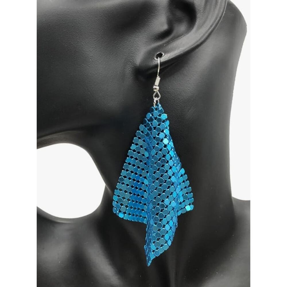 Metal Mesh Grid Earrings Blue