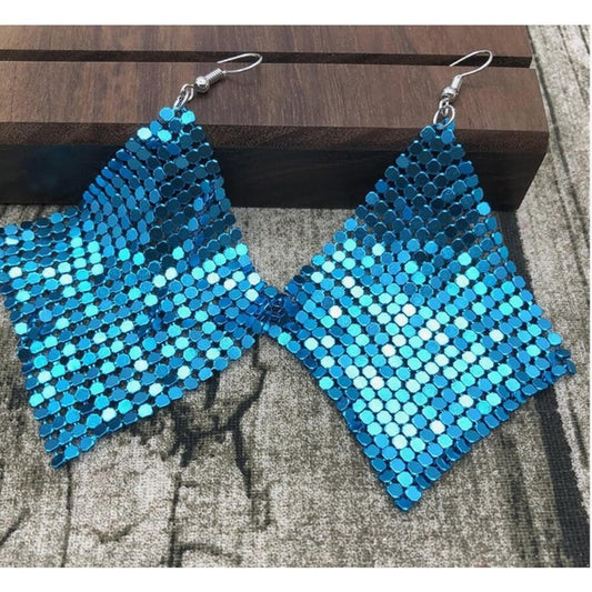 Metal Mesh Grid Earrings Blue