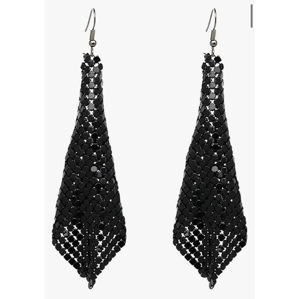 Metal Mesh Grid Earrings Black