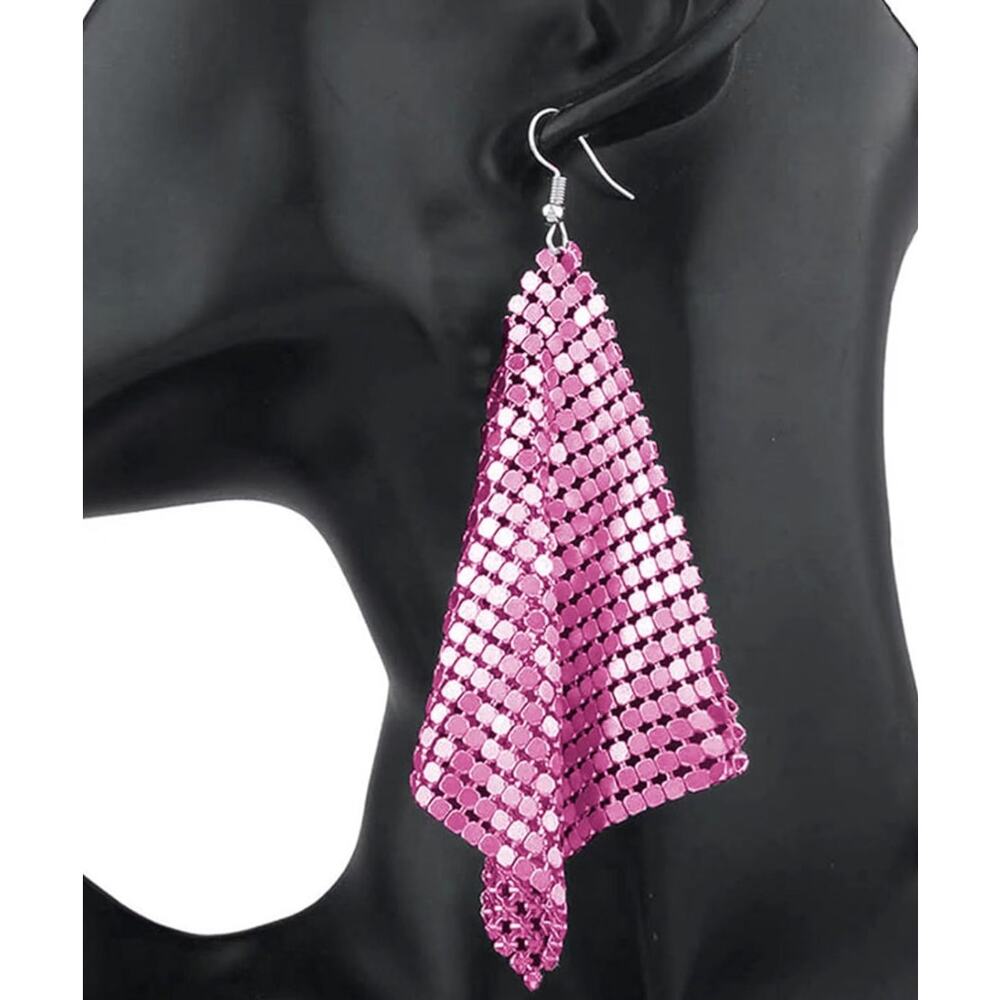 Metal Mesh Grid Earrings Pink