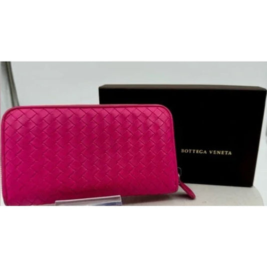 BOTTEGA VENETA Intrecciato Zip Around Long Wallet Pink Leather