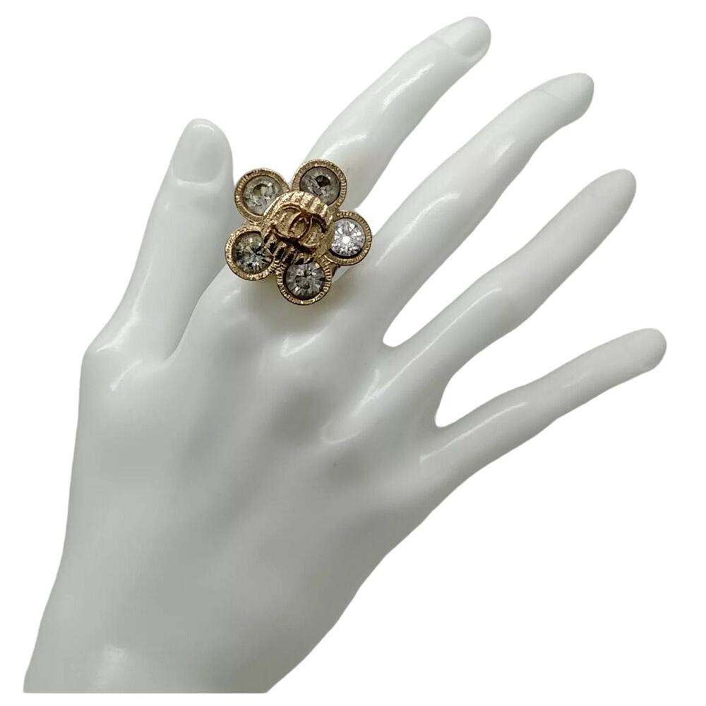 Chanel CC Camelia Gold White Ring 5 3/4