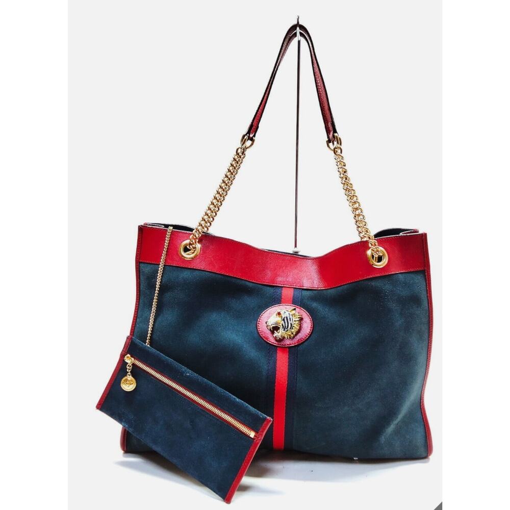 GUCCI Suede Calfskin Large Rajah Chain Tote New Blue Romantic Cherry