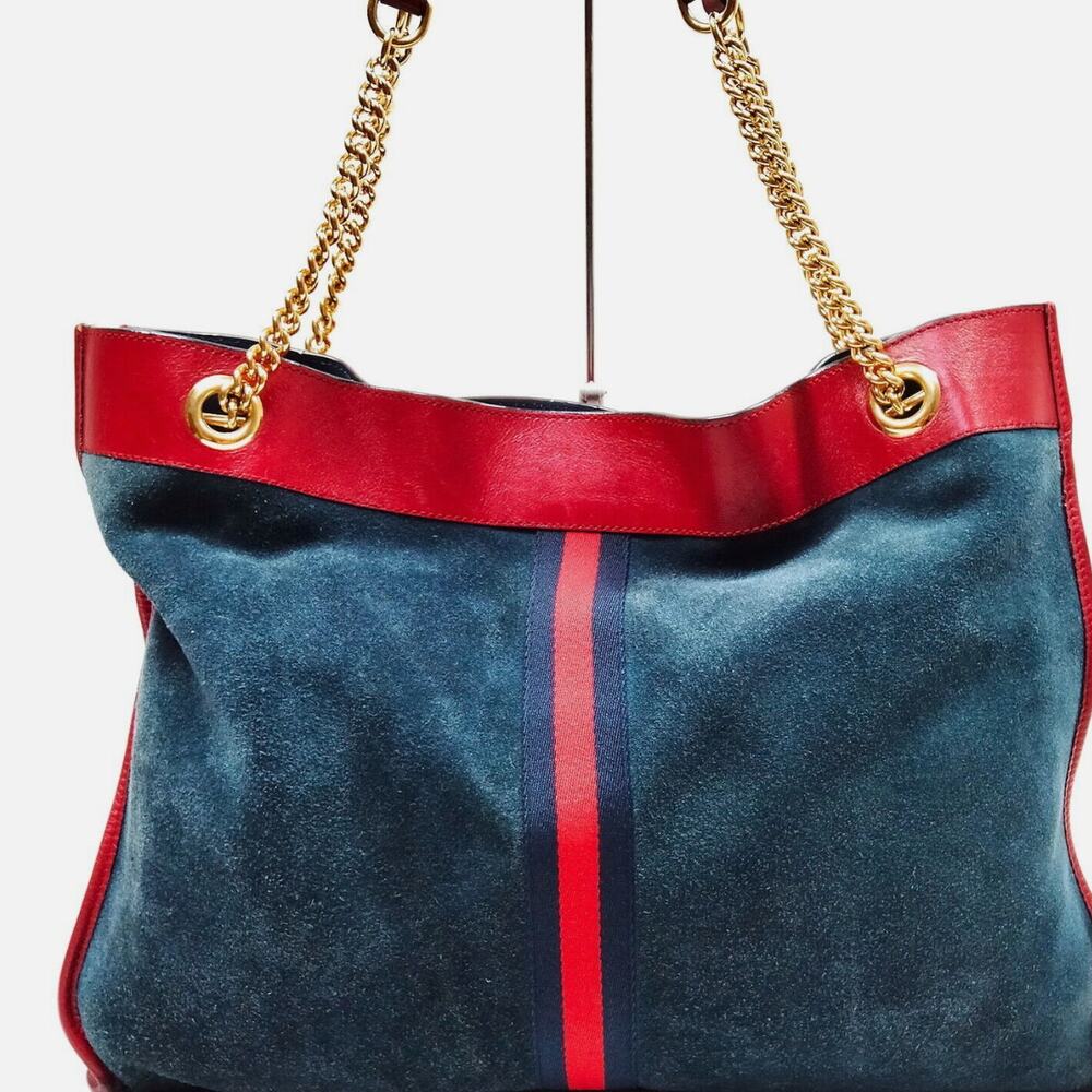 GUCCI Suede Calfskin Large Rajah Chain Tote New Blue Romantic Cherry