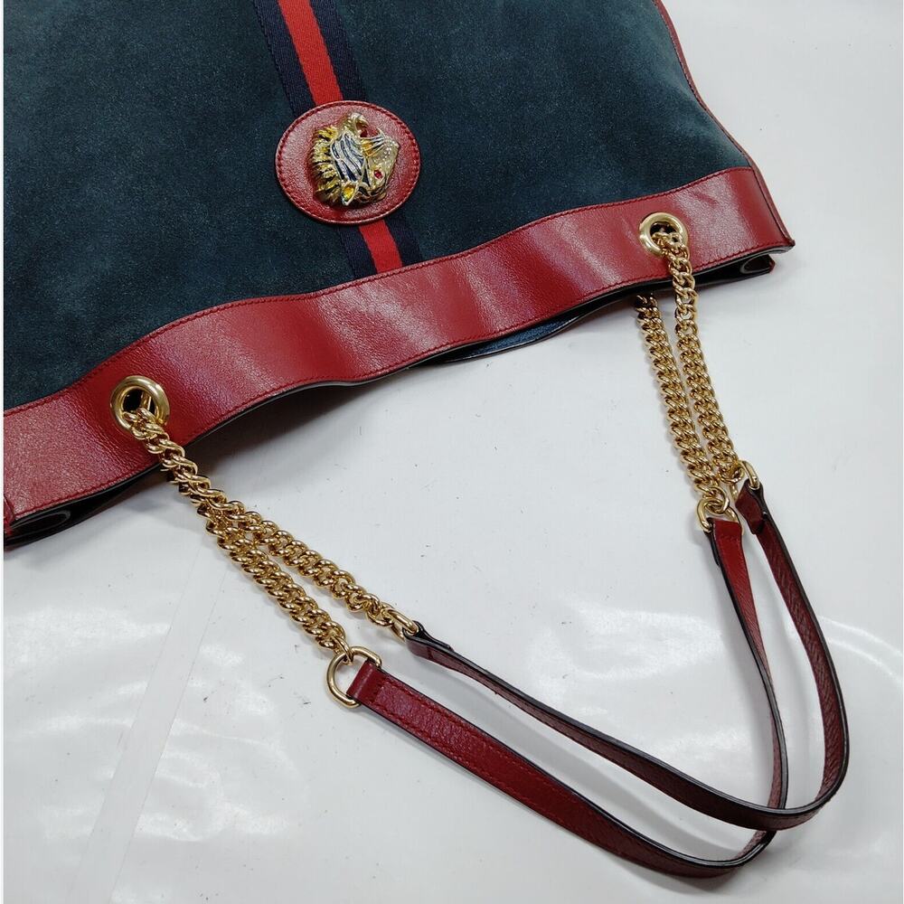 GUCCI Suede Calfskin Large Rajah Chain Tote New Blue Romantic Cherry