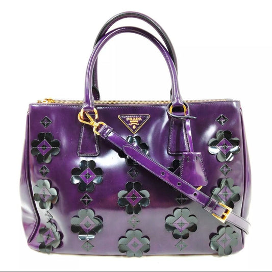 Prada Double Zip Medium Galleria in Plum Floral Applique Patent Leather