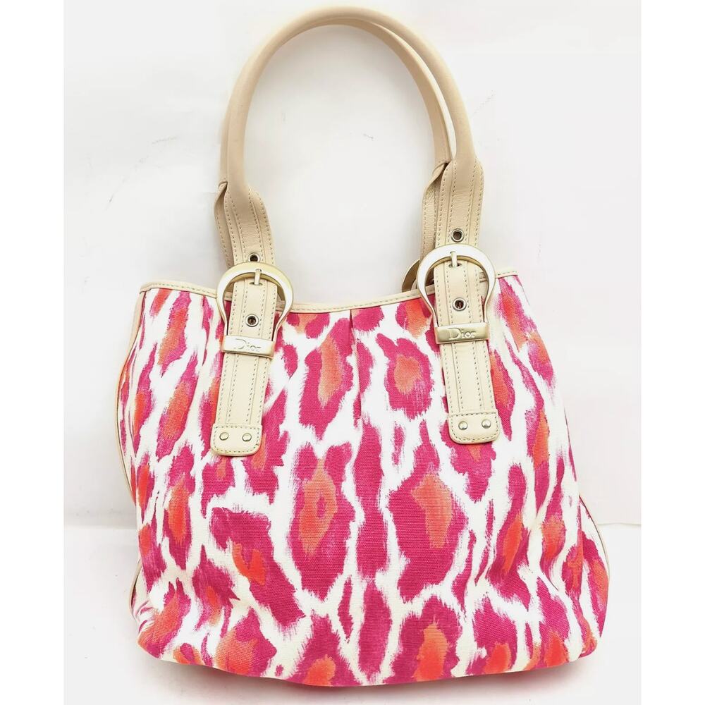 Christian Dior Fuchsia and Orange Leopard Canvas Tote PRISTINE