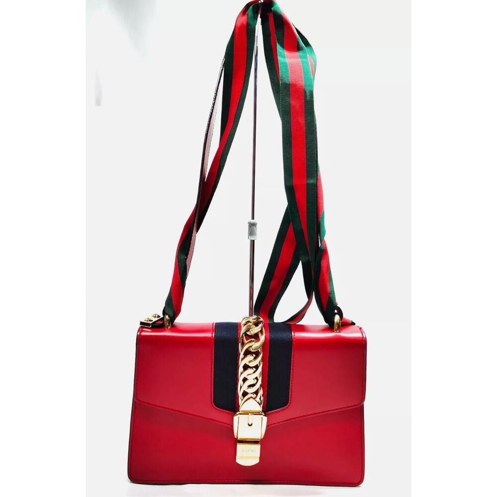 Gucci  Calfskin Small Sylvie Shoulder Bag Hibiscus Red