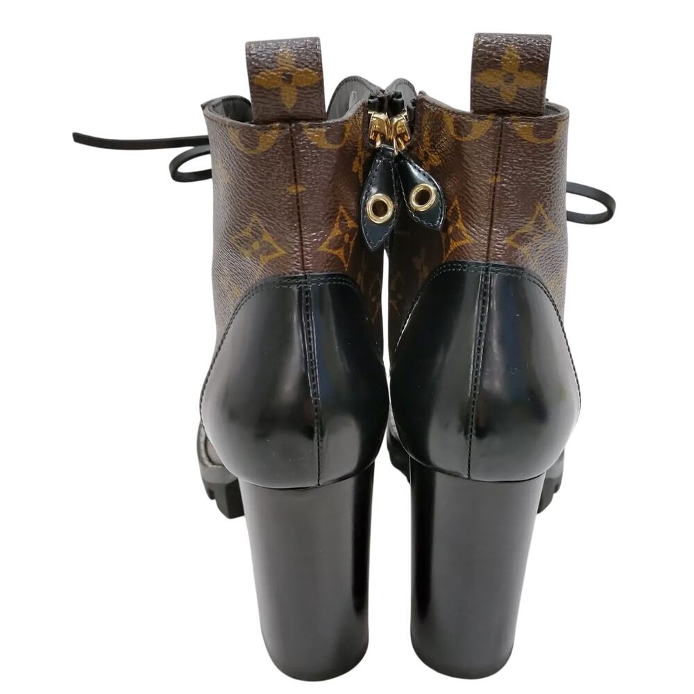 Louis Vuitton Star Trail Monogram Brown Canvas Black Leather Lace Up Ankle Boots