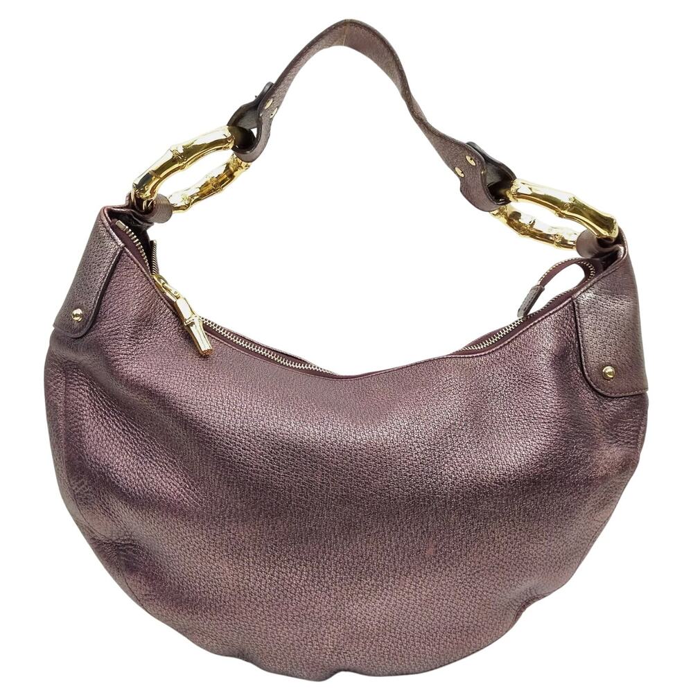 Gucci  Metallic Calfskin Bamboo Ring Hobo Aubergine