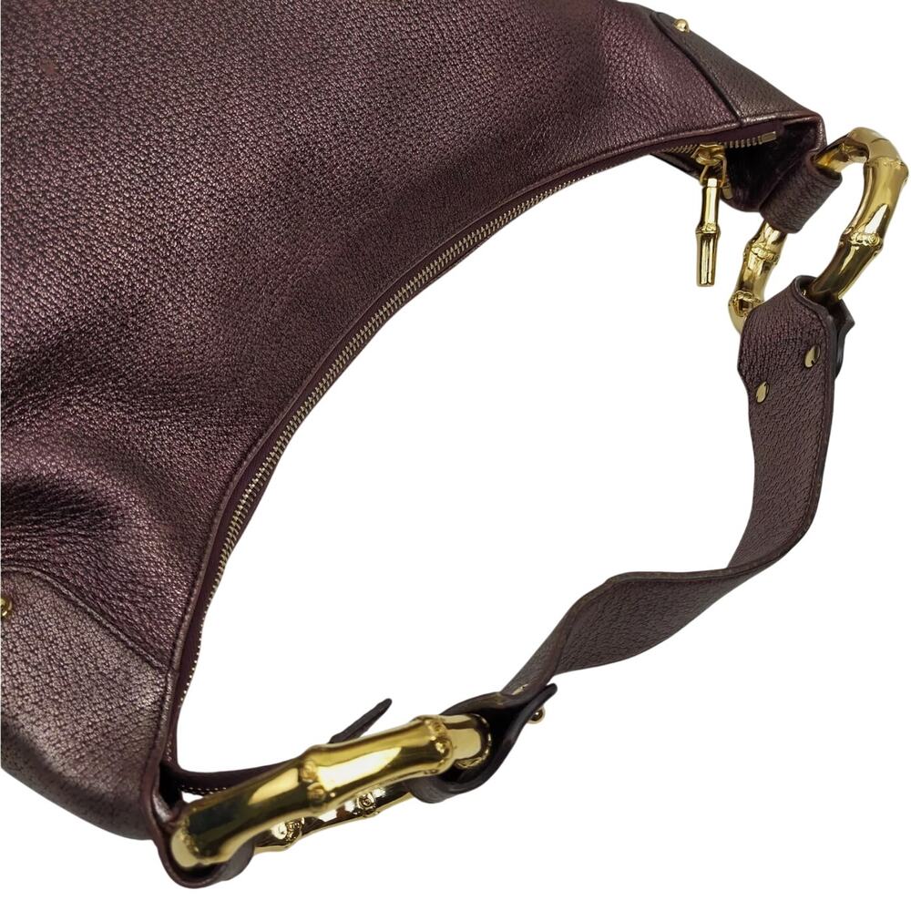 Gucci  Metallic Calfskin Bamboo Ring Hobo Aubergine