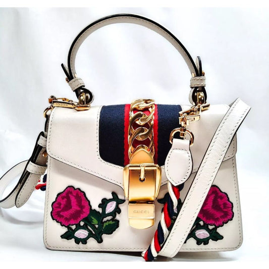 GUCCI White Embroidered Leather Web Sylvie