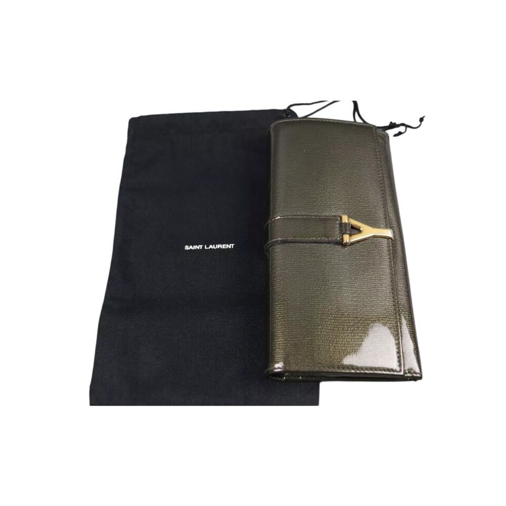 YVES SAINT LAURENT Vintage Used Green Patent Leather Long Wallet