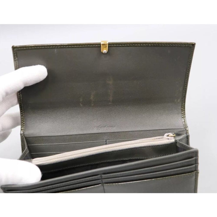 YVES SAINT LAURENT Vintage Used Green Patent Leather Long Wallet